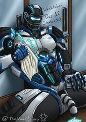 black blue cleatus_the_fox_sports_robot cum_on_body ejaculation flaccid male muscular robot signature solo text thewanktuary unusual_cum