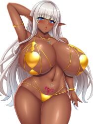 1girls action_taimanin arm_behind_head armpit big_breasts big_thighs bikini blush breasts busty dark-skinned_female dark_elf dark_skin eleonor_(taimanin_rpgx) elf elf_ears elf_female elf_girl female female_only gigantic_breasts gold_bikini huge_breasts huge_thighs large_breasts large_thighs long_hair massive_breasts navel rough_(riferio) swimsuit taimanin_(series) taimanin_rpgx thick_thighs thighs very_long_hair voluptuous white_background white_hair