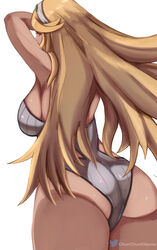 1girls alternate_costume alternate_version_available ass ass_focus back back_view bare_back bare_thighs breasts chunchunkitsune hairband huge_ass large_breasts long_hair looking_at_viewer looking_back mythra one-piece_swimsuit sideboob sleesart swimsuit tan thick_thighs very_long_hair white_background xenoblade_(series) xenoblade_chronicles_2 yellow_eyes