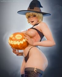 1girls 3d 4k absurd_res apex_legends blender blender_(software) blender_eevee blonde_hair blue_eyes breasts dzooworks female female_focus female_only halloween pale-skinned_female partially_clothed pumpkin respawn_entertainment scars short_hair stockings thick_ass thick_thighs video_games watermark wattson_(apex_legends) wizard_hat