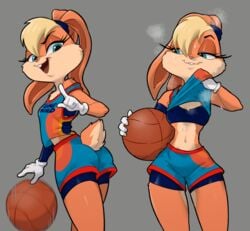 1girls 2020s 2021 anthro anthro_only ass basketball basketball_(ball) basketball_shorts basketball_uniform blonde_hair blonde_mane blue_eyes buckteeth bunny_girl bunny_tail butt_crack_outline centinel303 clothed confident eyelashes female female_only floppy_ears front_view furry gloves grey_background lola_bunny long_ears looking_back looney_tunes motion_blur multicolored_clothes navel open_mouth plain_background rabbit rear_view shiny_fur shirt_lift shorts shorts_under_shorts simple_background small_breasts smile solo solo_female space_jam space_jam:_a_new_legacy sports_bra sweat sweaty_face tail tank_top tight_clothing tight_shorts tomboy two_tone_fur western_cartoon white_handwear wide_hips