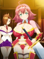 2girls armor ass belly blush breasts brown_eyes brown_hair busty clothed_sex colored_skin curvy green_eyes highres holding holding_sword holding_weapon huge_ass huge_breasts large_breasts legs_together looking_at_viewer medium_hair multiple_girls necktie non-web_source pale_skin red_hair smile standing sword thick_thighs thighs tiara weapon white_skin