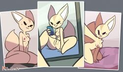 absurd_res aggretsuko anthro anus areola bed big_tail breasts canid canine cellphone digital_media_(artwork) electronics female fennec_fox fenneko fox furniture genitals hi_res holding_object looking_at_viewer mammal mirror mirror_selfie nipples nova_rain nude phone photo pussy sanrio selfie simple_background sitting smartphone smile solo spread_legs spreading tail true_fox