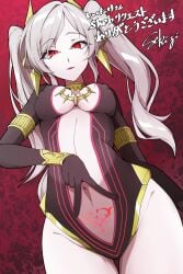 1girls fire_emblem fire_emblem_awakening fire_emblem_heroes from_below grey_hair grima_(fire_emblem) hitomimi_33 looking_at_viewer looking_down medium_breasts nipples_visible_through_clothing pubic_tattoo red_eyes robin_(female)_(fell_tactician)_(fire_emblem) robin_(fire_emblem) robin_(fire_emblem)_(female) skeb_commission tattoo thighs twintails womb_tattoo