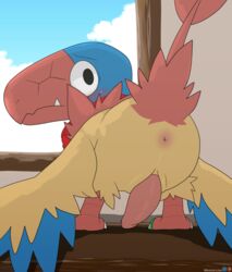 absurd_res animal_genitalia animal_penis anus archen ass avian bandana beak bird blush clothing erection fangs feather_tuft feathers feral fossil_pokémon fur furry furry_only genital_slit genitals hi_res kerchief looking_back male male_only multicolored_body multicolored_feathers nintendo penis pokémon_(species) pokemon presenting presenting_anus presenting_hindquarters raised_tail red_bandanna red_kerchief slit solo tail talons tapering_penis tuft video_games wings winick-lim