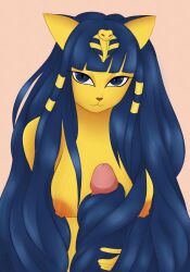 animal_crossing ankha ankha_(animal_crossing) anthro areola blue_eyes blue_hair breasts digital_media_(artwork) domestic_cat duo felid feline felis female fur genitals hair hairjob hi_res humanoid_genitalia long_hair looking_at_viewer mammal masturbation nintendo nipples nude penis simple_background vammatar yellow_body yellow_fur