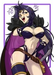 1girls big_breasts blue_eyes blush breasts cape centinel303 cleavage clothed cocked_hip eyelashes female female_only gloves hand_on_hip human large_breasts laugh long_hair naga_the_serpent navel open_mouth pale-skinned_female pale_skin purple_hair revealing_clothes skimpy slayers smile smirk smug smug_face solo sorceress sword