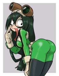 1girl 1girls 2021 2021s ass asui_tsuyu back_view bent_over black_eyes bodysuit boku_no_hero_academia boots breasts butt centinel303 clothed clothing dat_ass dat_butt eyewear female female_focus female_only footwear gloves goggles goggles_on_head green_hair grey_background hair handwear hero_outfit_(mha) hi_res leaning_forward long_hair long_tongue looking_back my_hero_academia shaded simple_background skin_tight solo solo_female solo_focus superheroine tight_clothing tongue tongue_out tsuyu_asui