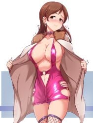 animal_collar areola_slip belt_collar blush bodycon breasts brown_eyes brown_hair cleavage collar ear_piercing earrings exhibitionism female female_focus fishnets heart highres idolmaster idolmaster_cinderella_girls jewelry large_breasts long_hair navel_piercing nitta_minami panties pantyshot piercing public_indecency pussy_juice ring smile solo twogie underwear wedding_ring