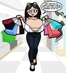 1girls big_breasts black_hair boob_window breasts carrying carrying_bag casual casual_nudity clothed cute female huge_breasts inner_sideboob jinnsart looking_at_viewer mall no_bra pac-man_eyes public public_nudity shopping shopping_bag shopping_mall source_request talking_to_viewer teasing text