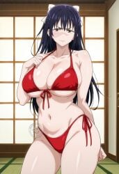 ai_generated bare_thighs bikini bikini_top black_hair blush brown_eyes embarrassed gigantic_breasts hair_ribbon huge_breasts huge_thighs jujutsu_kaisen light-skinned_female light_skin lokokabooster69 long_hair looking_at_viewer massive_breasts mature_female milf shounen_jump solo_female squatting sweat sweatdrop thick_body thick_female thick_thighs thighs utahime_iori voluptuous voluptuous_female