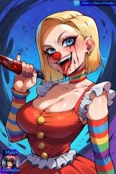 ai_generated android android_18 big_breasts blonde_hair blood blood_in_mouth blood_on_face blood_stain bloody_knife cleavage clown clown_girl clown_makeup clown_nose crazy crazy_eyes crazy_girl crazy_smile dragon_ball dragon_ball_z halloween halloween_costume knife maia's_paradise runny_makeup tongue tongue_out