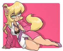 1girls anthro blazer blonde_hair bottomless bra callie_briggs catgirl centinel303 cleavage domestic_cat felid feline felis female female_only furry glasses green_eyes long_hair looking_at_viewer necktie office_lady on_side panties partially_clothed smile solo swat_kats unbuttoned unbuttoned_shirt