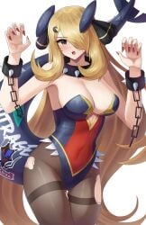 1girls breasts cosplay cynthia_(pokemon) doiparuni female female_only garchomp_(cosplay) hair_over_one_eye nail_polish nintendo open_mouth pokemon pokemon_(cosplay) red_nails solo