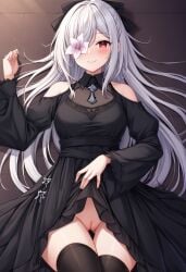 black_dress black_thighhighs blush flower_in_eye long_hair looking_at_viewer lying nier_(series) nier_reincarnation no_panties no_panties_under_skirt pink_eyes pussy ribbon smile thighhighs thighs upskirt white_hair zero_(drag-on_dragoon) zero_(drakengard)