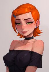 ai_assisted ai_generated earrings freckles goth goth_girl green_eyes gwen_tennyson orange_hair tagme topwear warmachine0001