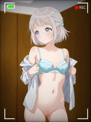 absurdres alpaca_no_otouto aqua_bra armpit_crease bar_censor blue_eyes blue_ribbon blush bottomless bra breasts censored cleft_of_venus collarbone female gakuen_idolmaster grey_hair groin hair_ribbon half_up_braid highres idolmaster indoors katsuragi_lilja linea_alba looking_to_the_side navel open_clothes open_shirt recording ribbon ribbon_braid shirt_hold short_hair small_breasts smile solo stomach underwear