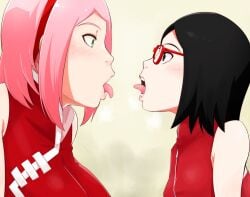 2girls age_difference black_eyes black_hair boruto:_naruto_next_generations breasts covered_erect_nipples erect_nipples erect_nipples_under_clothes female_focus glasses green_eyes implied_sex large_breasts licking mature_female mother_and_daughter multiple_girls naruto naruto_(series) older_woman_and_teenage_girl open_mouth sakura_haruno sarada_uchiha short_hair small_breasts source_request sunahara_wataru teeth yuri