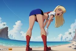 1girls ai_generated artist_name ass beach bent_over black_hairband black_panties blonde_hair blue_eyes blue_skirt blue_sky boots breasts cape cloud crop_top day dc dc_comics dcau from_behind full_body gloves hairband hands_on_own_knees hi_res justice_league justice_league_unlimited kara_zor-el kneepits lips lipstick long_hair looking_at_viewer looking_back makeup medium_breasts miniskirt nipples ocean open_mouth outdoors palm_tree panties pantyshot red_cape red_footwear rule34lab skirt sky solo standing supergirl superhero superman_(series) tree underwear water white_gloves