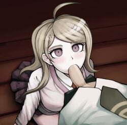 1boy 1girls ahoge akamatsu_kaede blonde_hair blush clothed danganronpa danganronpa_2:_goodbye_despair danganronpa_v3 fellatio female hair_ornament hinata_hajime light-skinned_female light-skinned_male light_skin long_hair male musical_note purple_eyes triplestabber