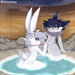 anthro ass bath big_butt big_penis blush bodily_fluids bubble carbanogg dark_hair duo ear_piercing ear_ring eeveelution eyewear fur generation_1_pokemon genitals glasses grabbing_head grey_body grey_fur happy hi_res hot_tub hot_water lagomorph long_ears looking_at_another looking_pleasured male male/male mammal night nintendo nude nude_anthro nude_male partially_submerged penis piercing pokemon pokemon_(species) ring_piercing sitting sky steam sucking thick_thighs vaporeon water white_body white_fur