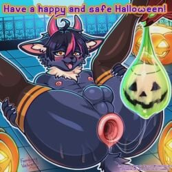 after_anal anal_juice anthro bubble_butt condom cum femboy femboyvelvet furry gaping halloween_2024 heart-shaped_pupils large_ass puffy_anus thick_thighs thighhighs wide_hips