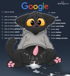 animal_genitalia balls black_body bodily_fluids bottomless clothed clothing cum cum_from_ass cum_in_ass cum_inside cum_pool domestic_cat felid feline felis ftm_crossgender genital_fluids genitals google google_doodle grey_clothing grey_hoodie grey_topwear hi_res hoodie looking_at_viewer magic_cat_academy male mammal momo_(google) pawpads penis rule_63 sheath tapering_penis topwear xenoyia