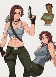 1girls brown_eyes brown_hair dashi_art green_pants grey_tank_top lara_croft muscle_mommy muscular_female necklace tank_top tomb_raider