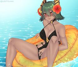 alternate_costume bare_legs black_swimsuit cryptid_crab dark-skinned_female dark_skin fire_emblem fire_emblem_heroes flower green_hair hair_between_eyes hair_flower innertube laegjarn_(fire_emblem) laegjarn_(summer)_(fire_emblem) large_breasts nintendo official_alternate_costume one-piece_swimsuit red_eyes short_hair smile solo spread_legs swimsuit water