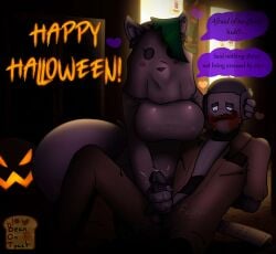 2024 2d 2d_(artwork) 2d_artwork artist_logo artist_name b.o.t beanontoast big_breasts female five_nights_at_freddy's five_nights_at_freddy's:_security_breach ghost_costume green_hair halloween male mustache original_character piercing purple_earrings roxanne_wolf_(fnaf) staff_bot_(security_breach) thick_thighs wolf_ears wolf_girl