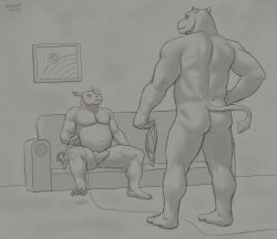 2023 aduran anthro anthro_on_anthro belly big_belly bottomwear clothed clothing controller dated duo erection erection_under_clothing facial_horn front_view furniture grin hand_on_hip hi_res hippopotamid holding_clothing holding_controller holding_jockstrap holding_object holding_underwear horn inside male male/male mammal muscular muscular_anthro muscular_male narrowed_eyes nose_horn nude overweight overweight_anthro overweight_male painting rear_view rhinoceros sitting smile sofa spot_color spread_legs spreading tail tail_tuft topless tuft underwear