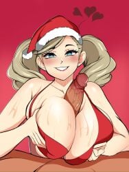 1boy 1girls ann_takamaki big_breasts blonde_hair blue_eyes boobjob bra breasts busty christmas female hat huge_breasts hyperrxgue large_breasts looking_at_viewer male male_pov paizuri penis persona persona_5 pov santa_hat sweat sweaty_body sweaty_breasts titfuck