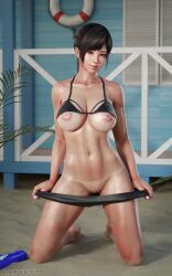 1girls 3d beach bikini black_hair blue_eyes censored_pussy darts77 dead_or_alive kneeling kokoro_(doa) large_breasts long_hair looking_at_viewer tanlines undressing