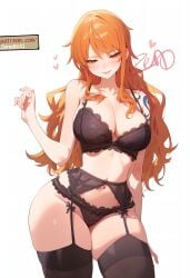 ai_generated ass_visible_through_thighs bare_arms bare_shoulders belly_button big_breasts black_bra black_panties black_thighhighs blush bra breasts cleavage closed_mouth collarbone female female_only garter_belt garter_straps lace-trimmed_bra lace-trimmed_panties lingerie long_hair nami nami_(one_piece) one_piece orange_eyes orange_hair panties smile tattoo tattoo_on_arm thick_thighs thighhighs thighs underwear zenonde2nd zettai_ryouiki