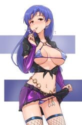 alternate_breast_size belt big_breasts blue_background blue_hair blush breasts brown_eyes candy cleavage commentary_request commission condom ear_piercing earrings female female_only fishnet_thighhighs fishnets food highres idolmaster idolmaster_(classic) jewelry kisaragi_chihaya large_breasts licking lollipop long_hair navel nipple_piercing nipples piercing pixiv_commission purple_skirt revealing_clothes skimpy_clothes skirt solo standing stockings striped striped_background thighhighs thighs twogie white_background