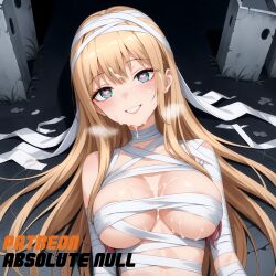 absolute_null ai_generated blonde_hair bukkake cum cum_on_breasts cum_on_face graveyard halloween halloween_costume heart heart-shaped_pupils kitagawa_marin long_hair mummy mummy_costume on_back