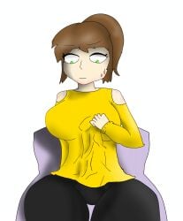 1futa black_pants brown_hair candy_nsfw4 erection erection_under_clothes futa_only futanari green_eyes nur_valmy ponytail sitting sweatdrop thick_thighs veiny_penis worried yellow_shirt