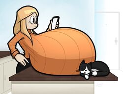 blonde_hair cat chestnut_mouth glasses jinnsart original_character original_characters pac-man_eyes pet_and_owner sleeping smartphone sweater tagme