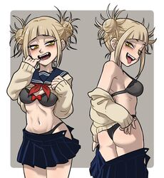 1girls ass blonde_hair blush bra centinel303 cleavage fangs female female_only finger_to_mouth hair_buns himiko_toga looking_back my_hero_academia navel off_shoulder open_mouth panties partially_clothed pleated_skirt rear_view school_uniform schoolgirl sharp_teeth skirt smile sweater_up tongue_out underwear undressing yellow_eyes