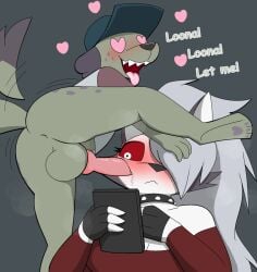 age_difference animal_genitalia animal_penis anthro anus ass balls big_balls blush breasts canine_genitalia dominant_male dominant_young duo female heart_eyes helluva_boss loona_(helluva_boss) pencil_bolt tagme