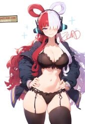 ai_generated bare_belly belly_button big_breasts black_bra black_panties black_thighhighs blush bra breasts cleavage closed_mouth collarbone female female_only garter_belt garter_straps hair_over_one_eye hands_on_own_hips headphones jacket lace-trimmed_bra lace-trimmed_panties lingerie long_hair multicolored_hair one_piece open_jacket panties purple_eyes smile thick_thighs thighhighs thighs underwear uta_(one_piece) zenonde2nd zettai_ryouiki