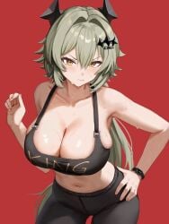 1girls ass big_ass big_breasts big_thighs blush breasts caesar_king female female_focus female_only gigantic_breasts green_hair huge_ass huge_breasts huge_thighs leggings long_hair looking_at_viewer shirt sweat sweatdrop sweating tagme tank_top thick_hips thick_thighs thighs yan_kodiac yellow_eyes zenless_zone_zero