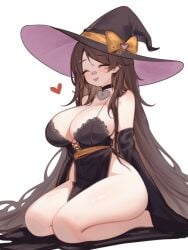 1girls big_breasts black_sleeves blush breasts brown_hair choker closed_eyes clothed female female_focus female_only halloween halloween_costume happy_face heart heart_choker hips indie_virtual_youtuber kneecaps kneeling knees light-skinned_female long_hair long_sleeves sky_(skyaboveme) skyaboveme solo thighs thighs_together tongue tongue_out very_long_hair virtual_youtuber white_background wide_hips witch_hat