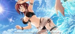 arm_garter arm_up armpits bare_arms bare_belly bare_shoulders beach belly_button big_breasts bikini bikini_skirt bracelet breasts bridal_garter cleavage detached_collar glasses hairband lillia_greyrat long_hair mature_female milf mushoku_tensei ocean official_art one_eye_closed outdoors parted_lips purple_eyes red_hair smile thighs underboob upskirt water