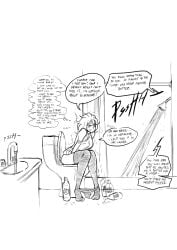 1girls bathroom biku bottle breasts empty_bottle english_text female have_to_pee onomatopoeia original original_character panties panty_pull panty_tag skirt skirt_lift tag text thighhighs toilet underwear