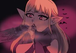 1boy 1girls blonde_hair dark-skinned_male dark_skin female female_focus finger_in_mouth hasselnut hi_res long_hair male open_mouth oral original penis pointy_ears red_eyes rosabelle_(hasselnut) saliva saliva_drip sloppy tongue vampire vampire_girl veiny_penis