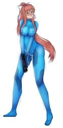 cosplay covered_in_cum cum_on_body cum_on_breasts cum_on_face doki_doki_literature_club genkun halloween halloween_costume monika_(doki_doki_literature_club) samus_aran_(cosplay)