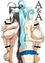 2futas albedo_(overlord) aqua_(konosuba) big_penis black_hair blue_eyes blue_hair censored cum cum_on_face erect_penis erection futa_only futanari huge_penis hyper_penis kono_subarashii_sekai_ni_shukufuku_wo! kuguri_oimo long_hair naked naked_futanari nude nude_futanari overlord_(maruyama) penis yellow_eyes