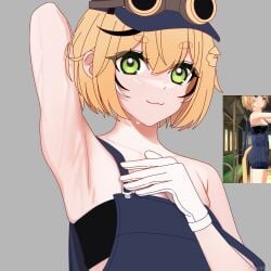 :3 armpit_focus armpits blonde_hair conductor_hat conductor_uniform dooby3d gloves goggles green_eyes indie_virtual_youtuber jerboa jerboa_humanoid looking_at_viewer r1salt reference_image virtual_youtuber