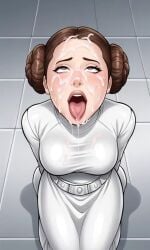 ahe_gao ai_generated arms_behind_back belt brown_eyes brown_hair cum cum_on_breasts cum_on_face cum_on_hair cum_on_tongue dress drooling facial female female fully_clothed kneeling pixai princess_leia_organa solo star_wars tile_floor white_dress white_outfit